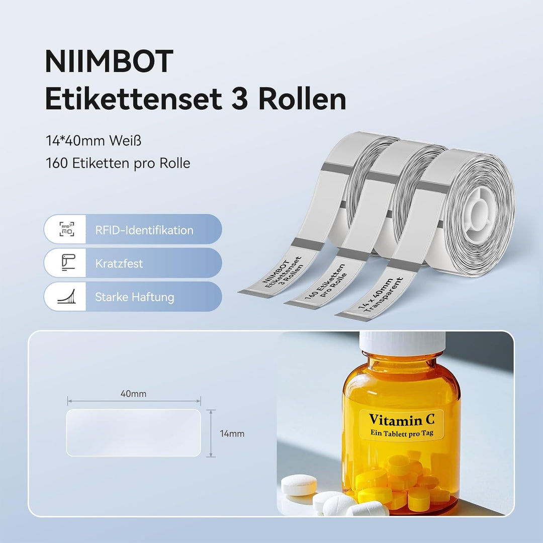 NIIMBOT Etiketten für D11 D110 D101 Etikettendrucker, 14 x 40mm 160 Etiketten pro Rolle Selbstkleben