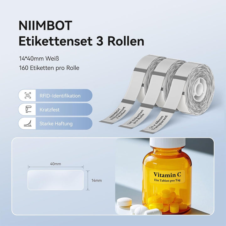 NIIMBOT Etiketten für D11 D110 D101 Etikettendrucker, 14 x 40mm 160 Etiketten pro Rolle Selbstkleben