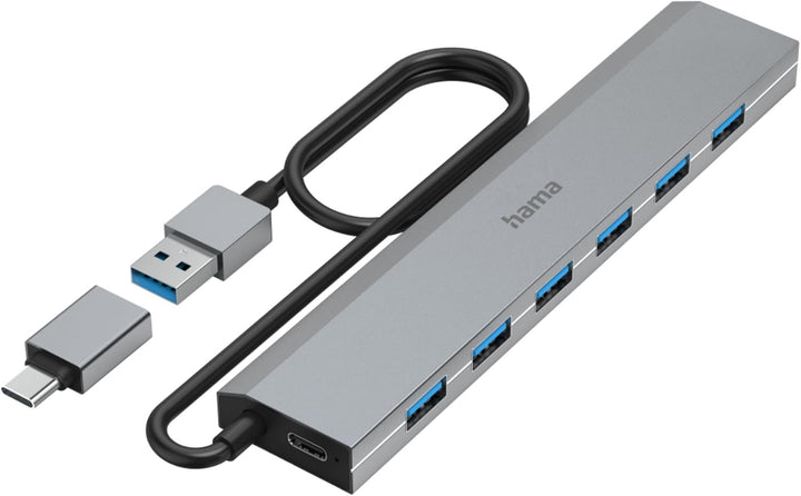 Hama USB-Hub 7 Ports (USB-A und USB-C-Anschluss, mit Netzteil, 7x USB-A für Maus, Tastatur, externe