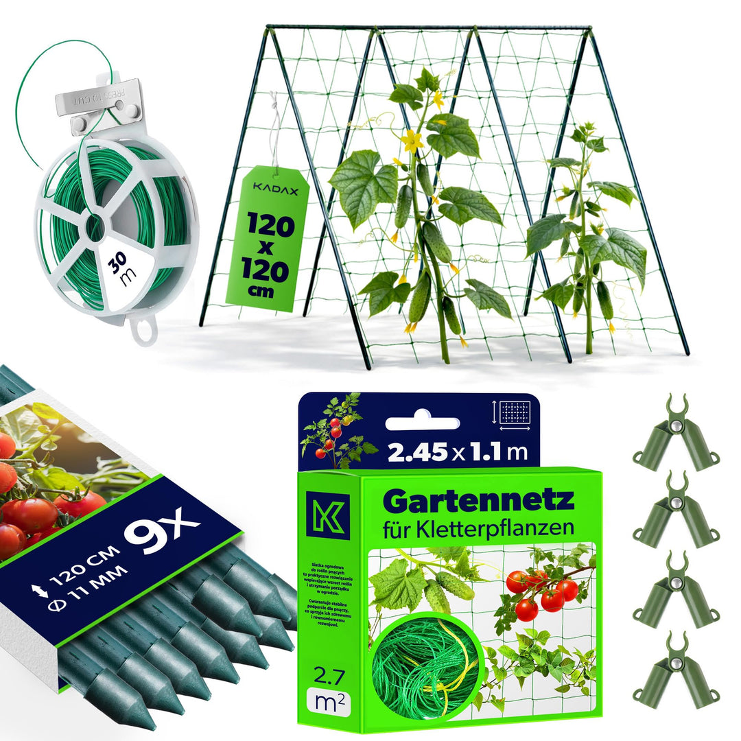 KADAX Gurken Rankhilfe Set – 9 x Pflanzstab 120 cm, Ranknetz 2,45 x 1,1 m, 4 x Pflanzstab-Verbinder,