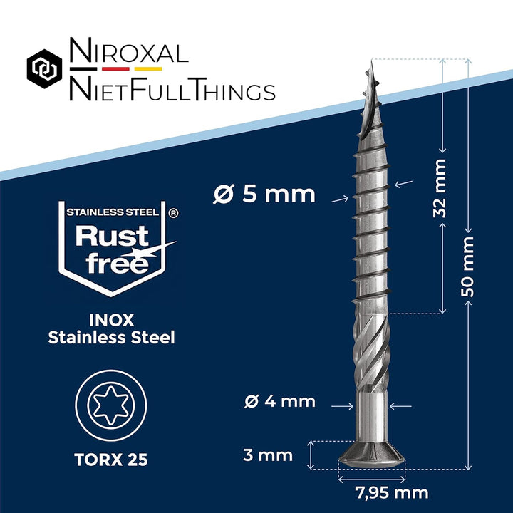 Terrassenschrauben 5x50 Edelstahl A4 Linsenkopfschrauben Torx Schrauben 5mm stark 400 Stück Holzschr