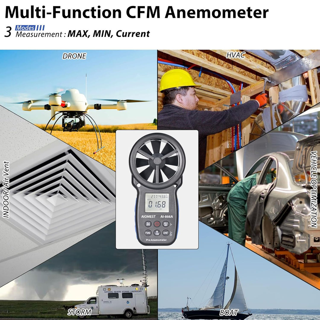 AIOMEST Windmesser, Digital Anemometer Windmesser Windmessgerät Handheld, AI-866A Windmesser CFM Win