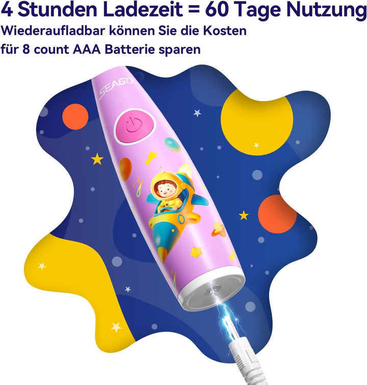 Seago Elektrische Zahnbürste Kinder ab 1 Jahr, Schallzahnbürste Kinder mit LED-Lichtern und DIY-Aufk