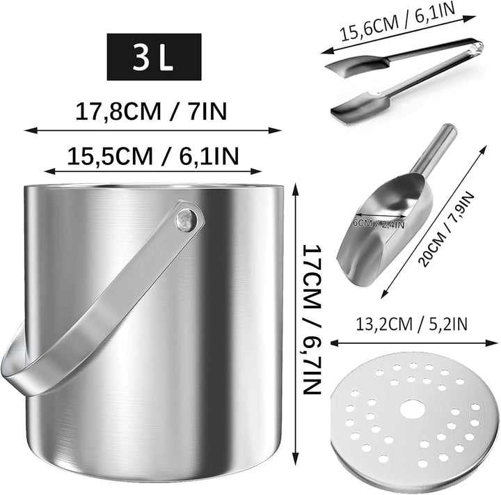 Eiswürfelbehälter, 3L Eisbehälter rund mit Sieb und Eiszange, Eiswürfelbehälte, Sektkühler Flaschenk