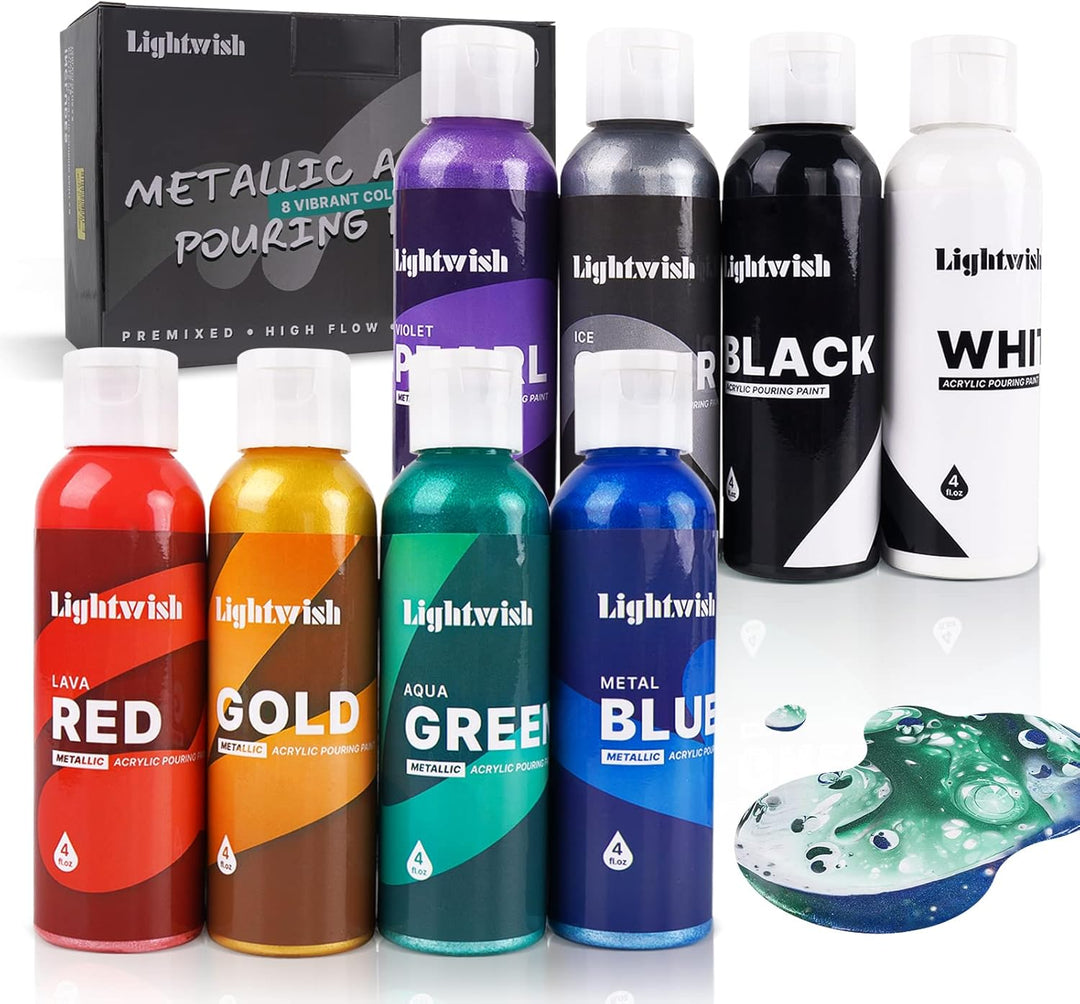 LIGHTWISH Metallic Pouring Acrylfarben Set, 8 schillernde Farben, 118 ml Flaschen, vorgemischte Acry