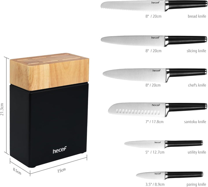 hecef Messerblock mit Messer, 7-tlg Scharfe Messerset mit Vollzahn-Konstruktion, Edelstahl Küchenmes