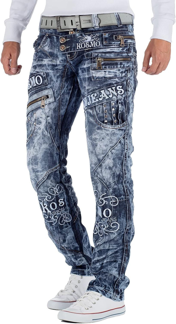 Kosmo Lupo Herren Jeans Extravagant Besondere Designs 32W / 32L Blau - 03, 32W / 32L Blau - 03