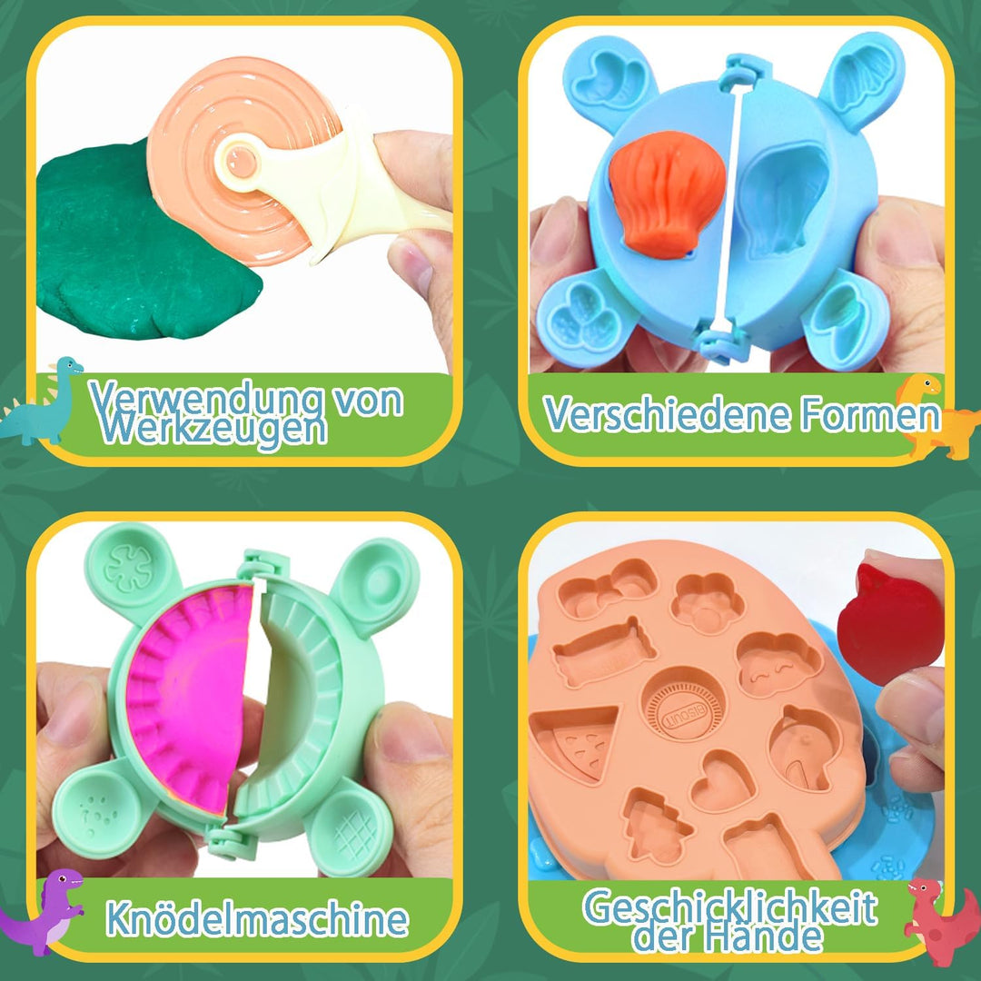 Dinosaurier Knete Set 42-teilig mit Kitchen Creations Nudelmaschine,5 Dino Eierformen,12 Farben Knet
