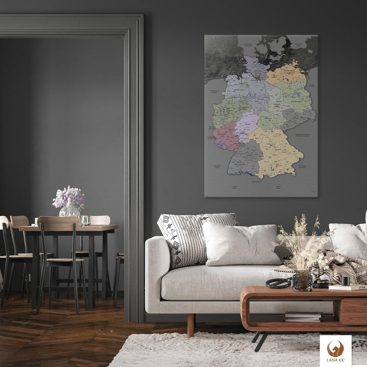 LanaKK – Deutschlandkarte Leinwandbild „Deutschlandkarte Edelgrau” - deutsch - Kunstdruck-Pinnwand a