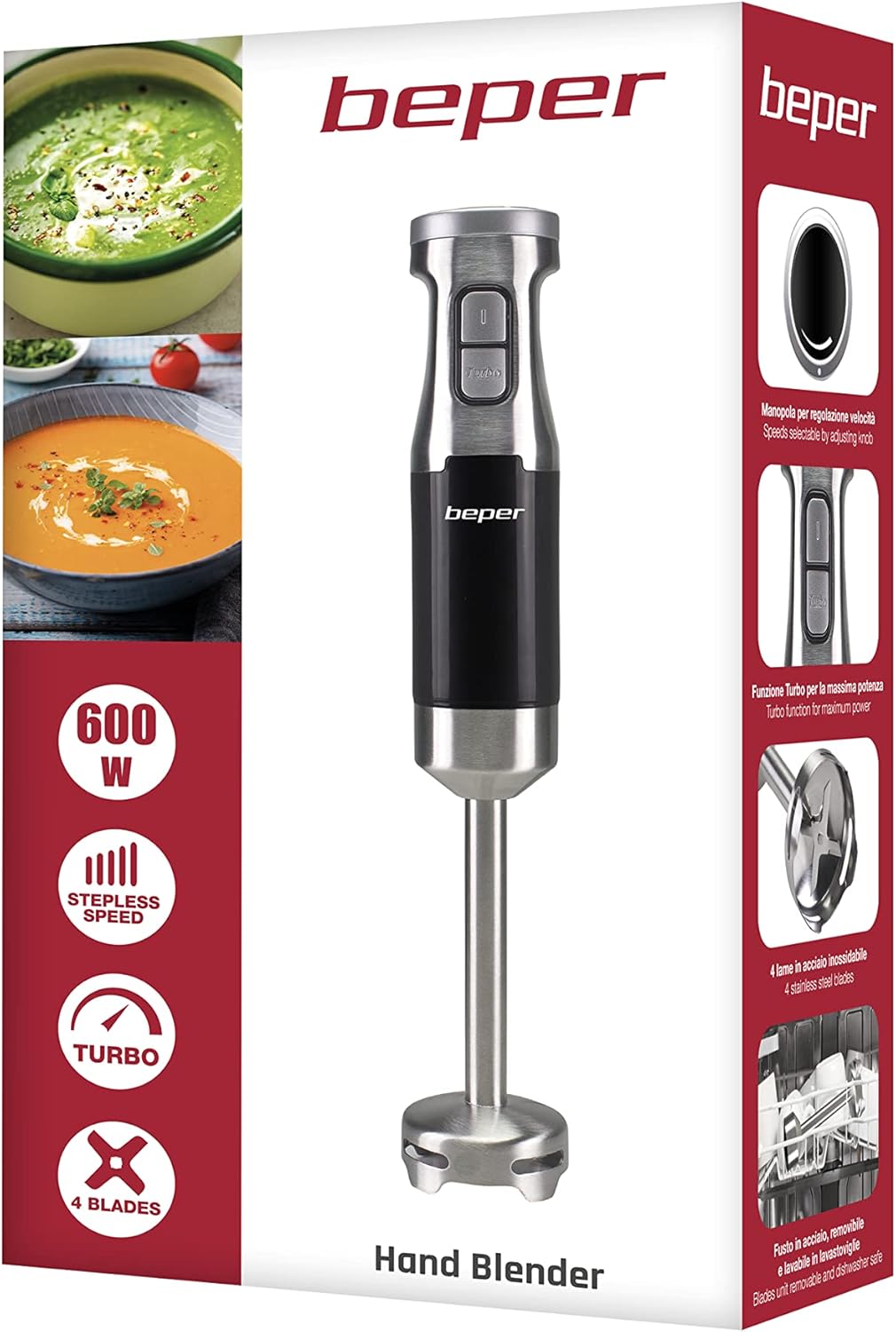 BEPER P102FRU100 Eintauchmischer, Stahl/ABS, 600 W, abnehmbarer Schneebesen, 4 Stahlklingen mit Spri