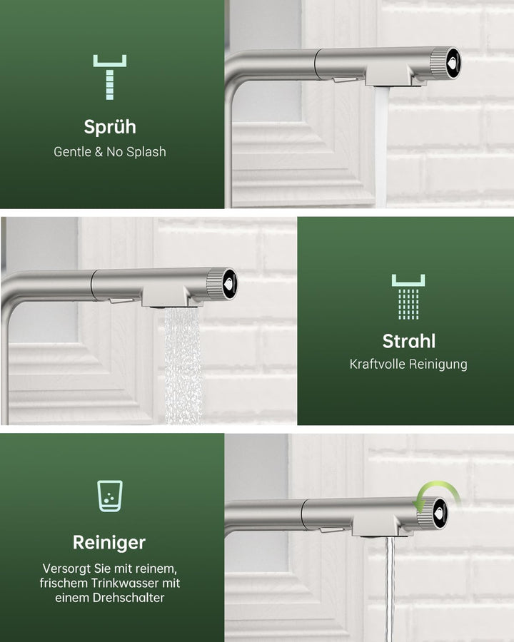 APPASO 3 wege wasserhahn küche, küchenarmatur mit ausziehbarer Brause und integriertem Wasserfilter,