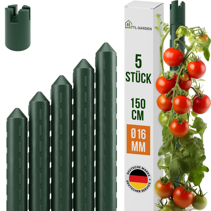 TTL GARDEN Rankstäbe 5er Set 150cm x 16mm Ø grün - extra stabile 16 mm Rankhilfe Pflanzstäbe Stahl r