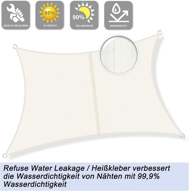Sunnylaxx 2,5x3m Sonnensegel Rechteckig, Wasserdicht Sonnenschutz Sunsegel Color Creme, 95% UV-Schut