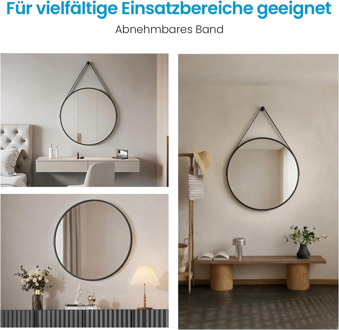 Heilmetz Spiegel Rund Schwarz Φ60cm – Runder Wandspiegel mit Metallrahmen & abnehmbarem Band, für Ba