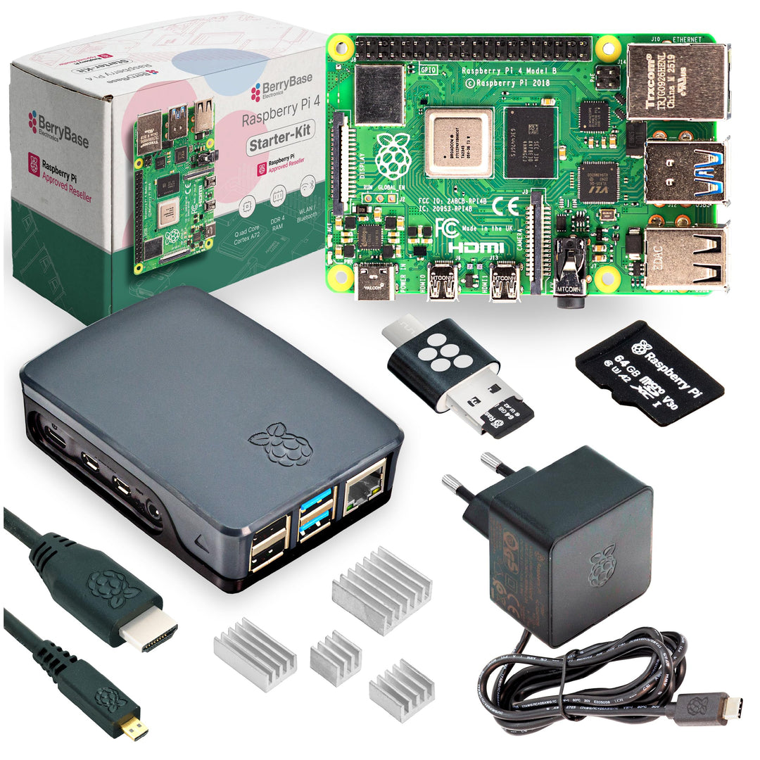 Raspberry Pi 4 Starterkit (8 GB RAM) Komplett-Set von BerryBase, MicroSD-Karte mit Raspberry Pi OS,