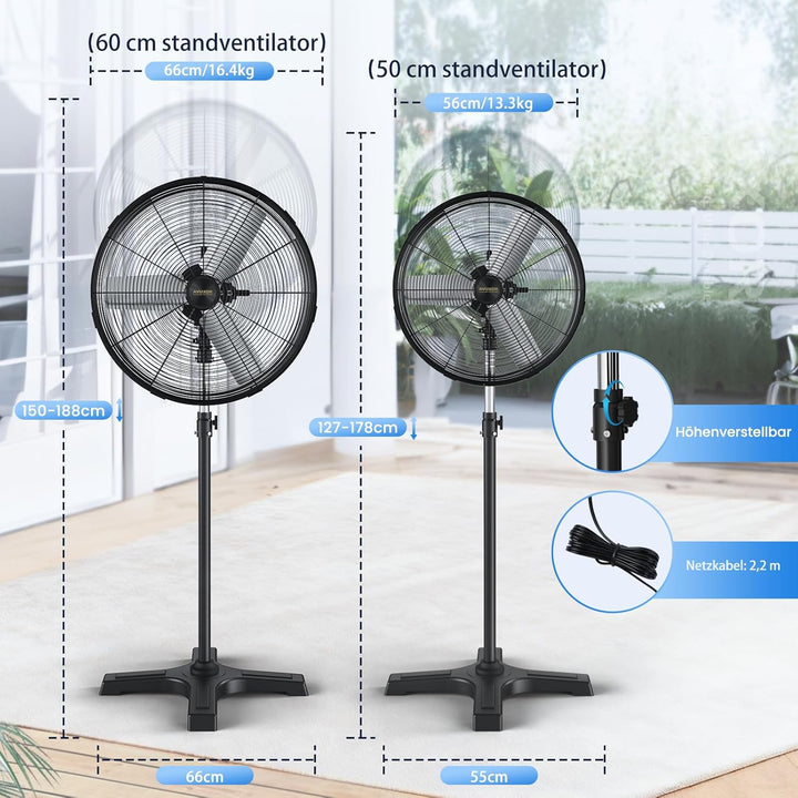 Industrieller Outdoor-Standventilator 50 cm mit bürstenlosem BLDC-Motor, 90°Oszillation & 25°verstel