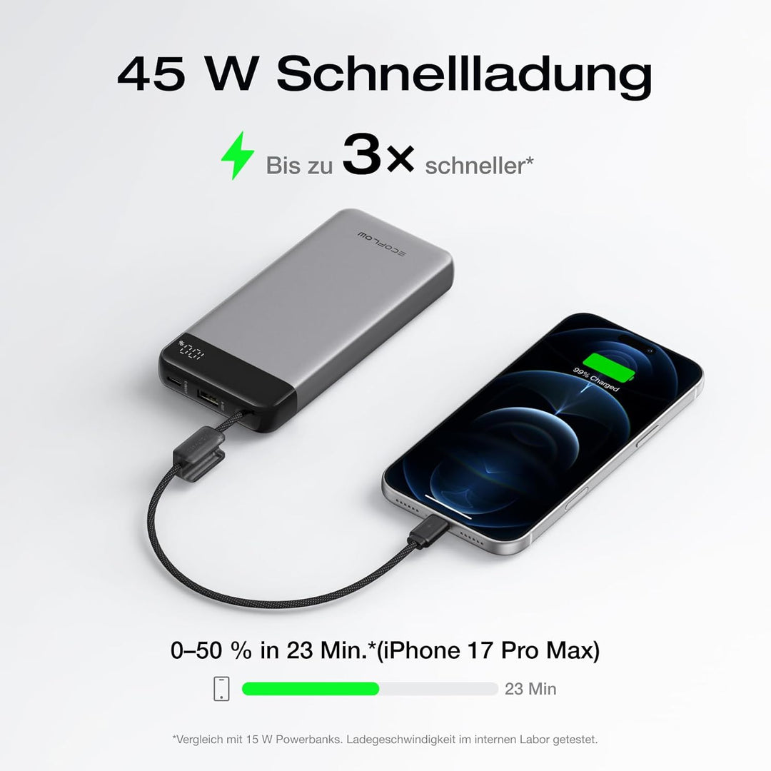 EcoFlow Rapid Powerbank 20000mAh, 45W PPS Schnellladen, mit integriertem ausziehbarem USB-C Kabel fü