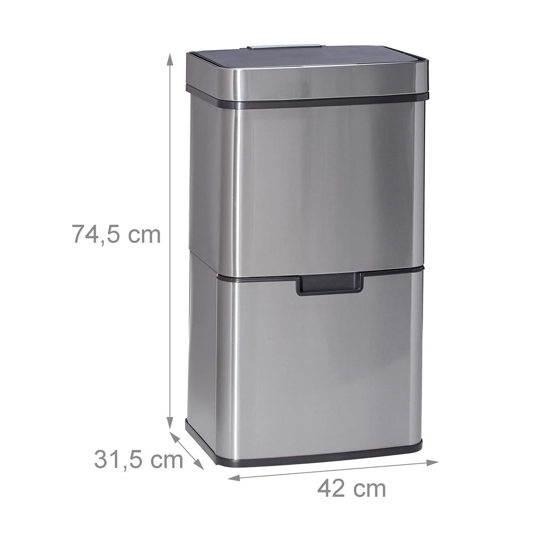 Relaxdays Mülltrennsystem 3 fach, mit Bewegungssensor, 60 L, ausziehbar, Edelstahl, HBT: 74,5 x 42 x