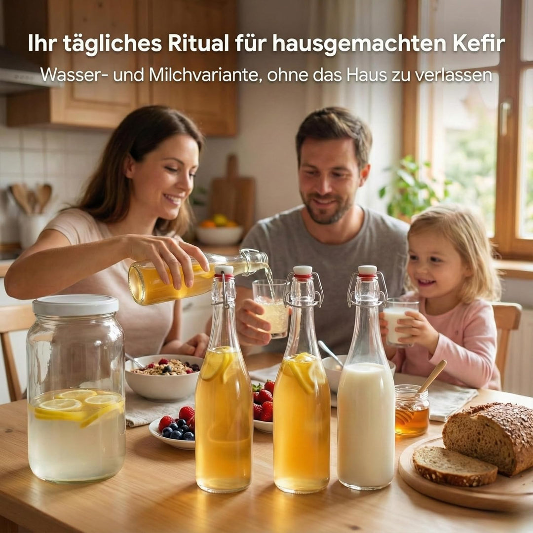 Kefir & Kombucha Starter Set | 2L Glasgefäss | 3 hermetische 750ml Bügelflaschen | 10cm Trichter & M