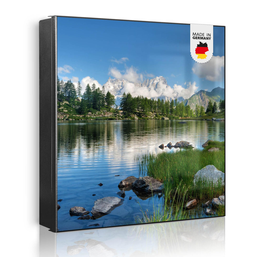 banjado® Grosser Schlüsselkasten Glas/Schlüsselbox 30cm x 30cm mit 50 Haken - Motiv Gebirgssee/Schlü