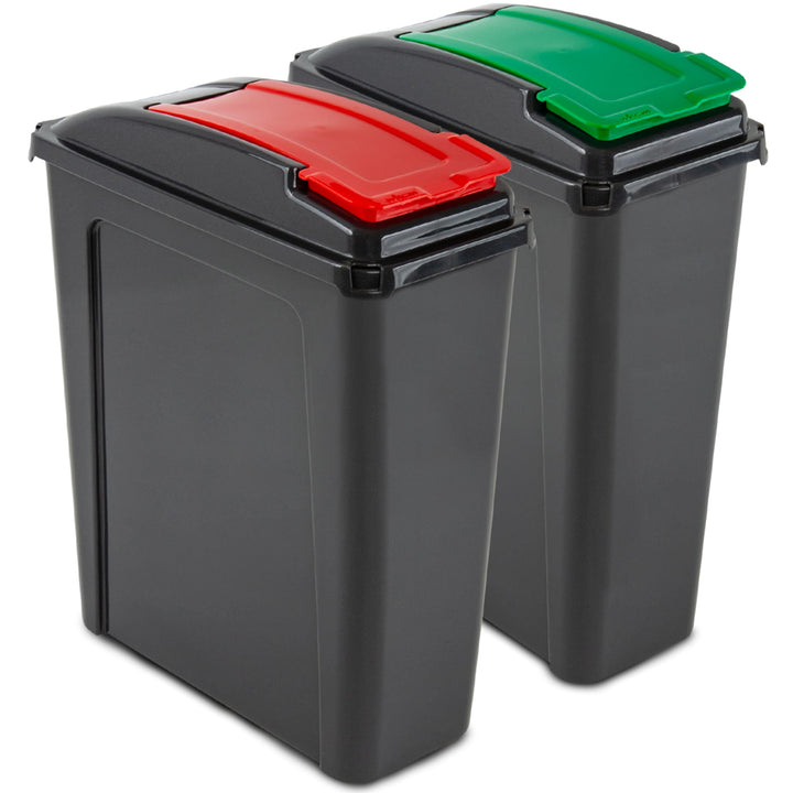 2x 25 Liter Mülltonne Schwarz-Grün-Rot, Mülleimer Küche 2 Fächer, Mülltrennsystem, Abfalleimer Küche