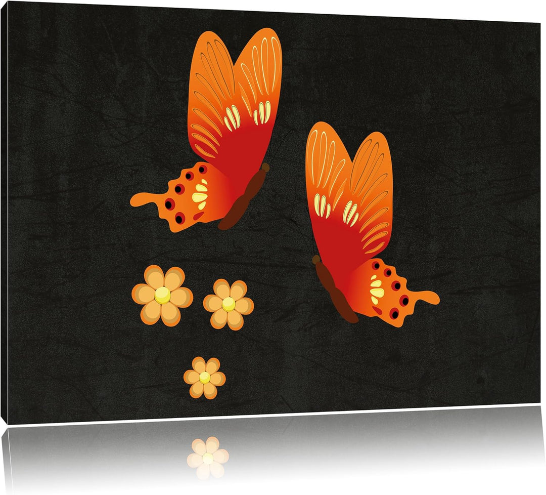 Pixxprint prachtvolle Schmetterlinge mit Blumen schwarz, Format: 100x70 auf Leinwand, XXL riesige Bi