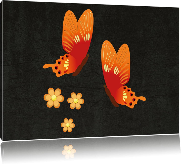Pixxprint prachtvolle Schmetterlinge mit Blumen schwarz, Format: 100x70 auf Leinwand, XXL riesige Bi