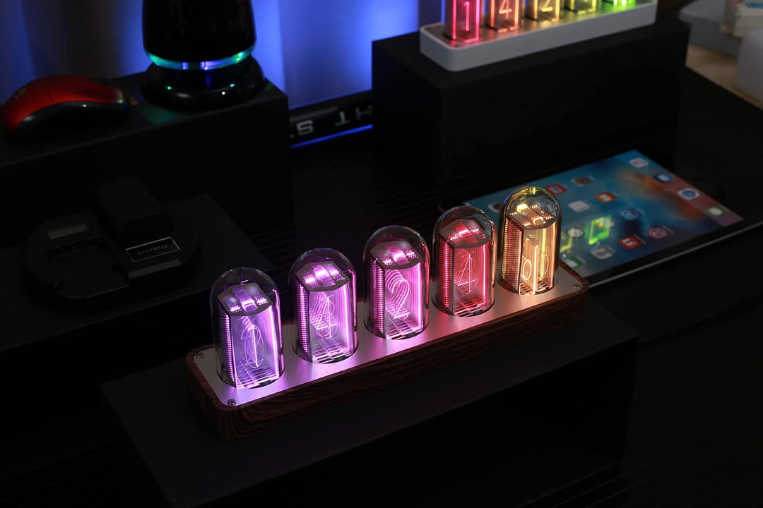 Lonyiabbi Nixie Röhrenuhr, elektronisch, LED-Leuchten, Mulation, Retro, moderner Holzwecker, USB-bet