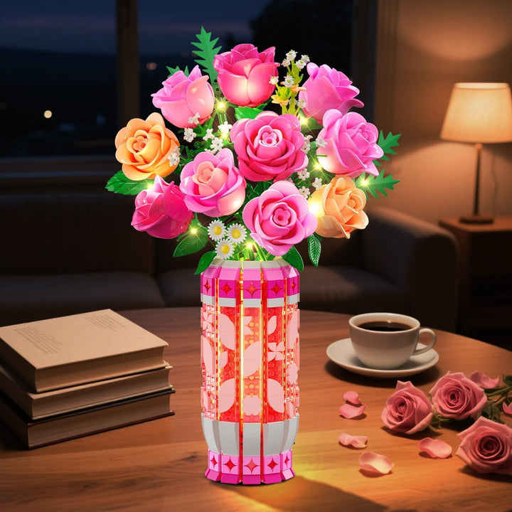 Romantischer Rosa Rosenstrauss-Bausatz mit Vase und LED-Licht, 845 PCS Blumen-Baustein-Spielzeug, Ge