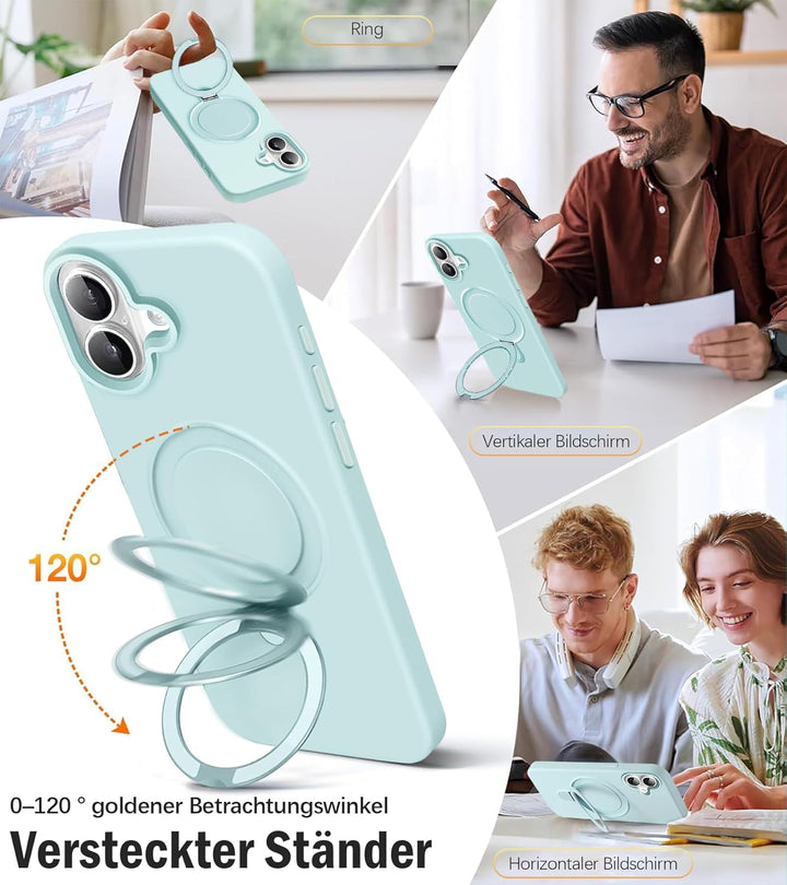 Handyhülle für iPhone 16 Hülle mit 2 Stück Schutzfolie, Silikon Case mit Magnetisch Ring Ständer Und