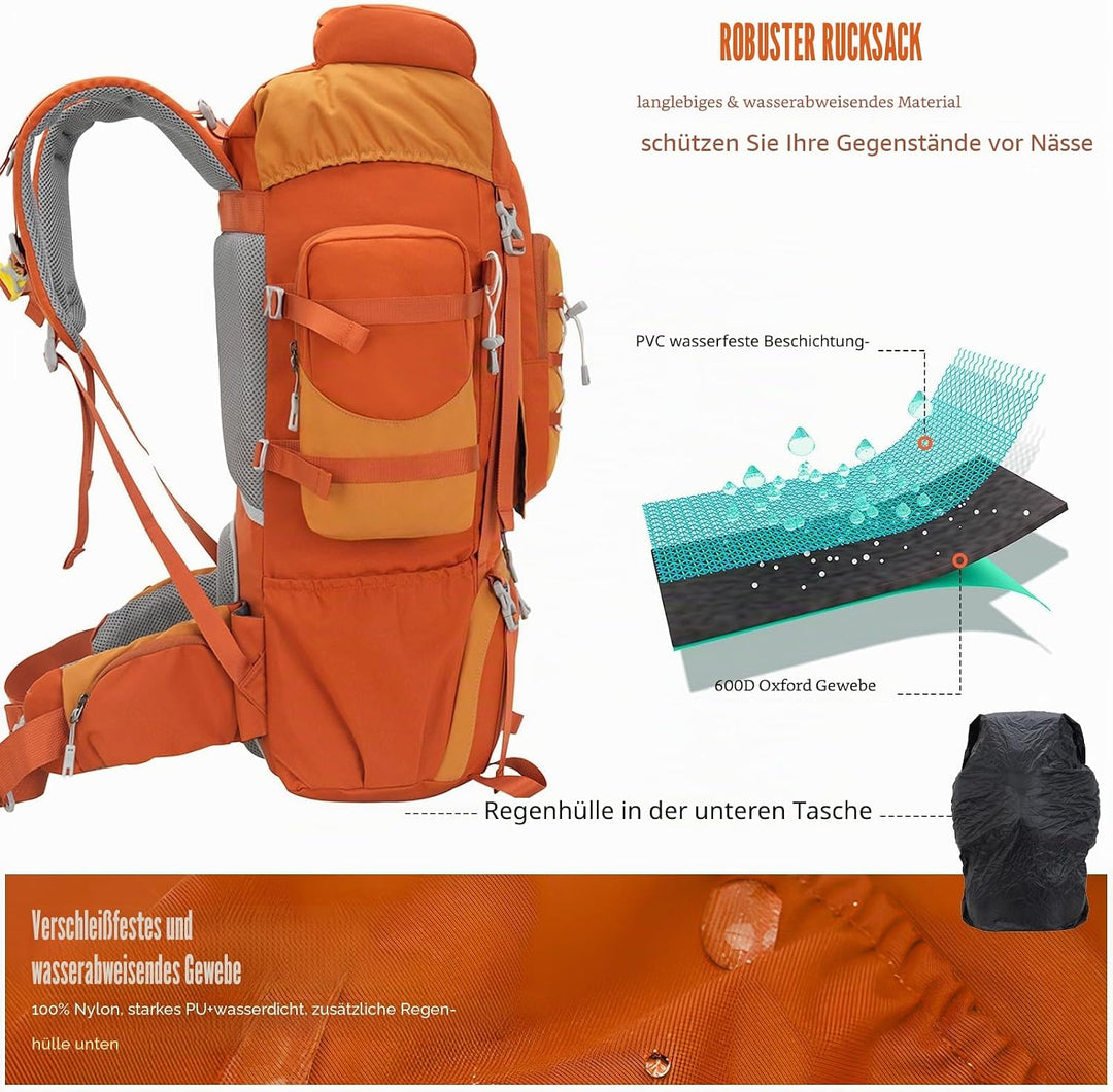 Bseash 70L (65+5) Wasserdichter Wanderrucksack mit Regenschutz, Outdoor-Sport, Reisen, Tagesrucksack