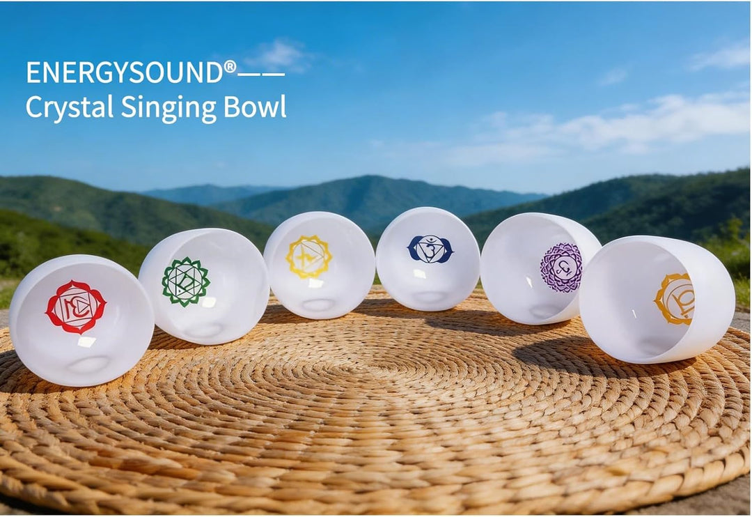 ENERGYSOUND 432Hz 6-12 Inch Chakra Symbol Design Frosted Quartz Crystal Singing Bowl with 2 PCS Trav