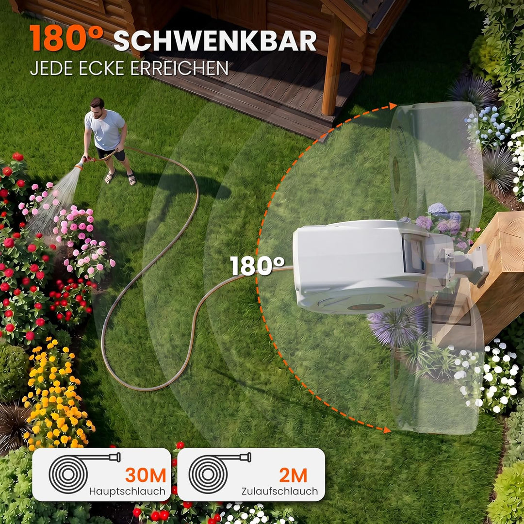 Schlauchtrommel Wasser 30m + 2m, 180° Schwenkbar Wand-Schlauchbox, Automatischer Gartenschlauch trom