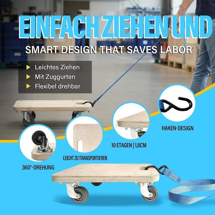 Rollbrett mit Zugseil 30×30 cm | Schwerlast-Transportroller 200 kg Tragkraft | Möbelroller & Pflanze
