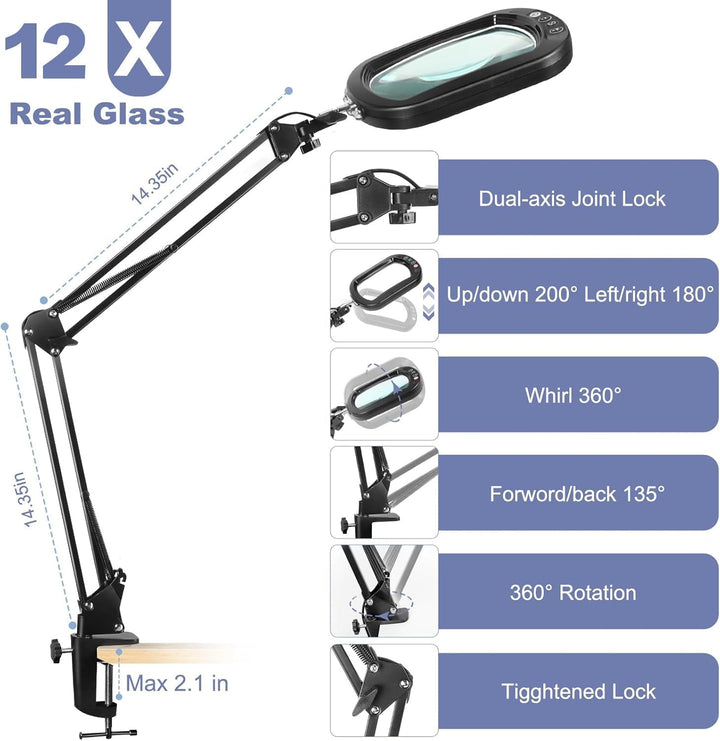 10X Lupe mit Licht und Klemme, LED Echtes Glas Lupe mit Licht und Ständer, 5 Farbmodi Dimmbar leselu