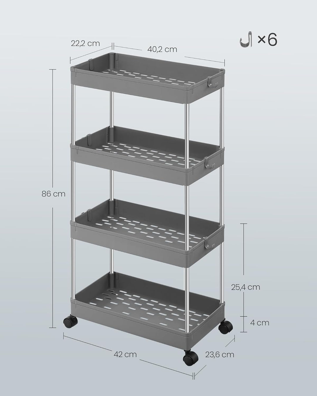 SONGMICS Rollwagen, Küchenwagen, Küchenregal, Nischenregal, mit 6 Haken, 360° drehbare Räder, Stahlg