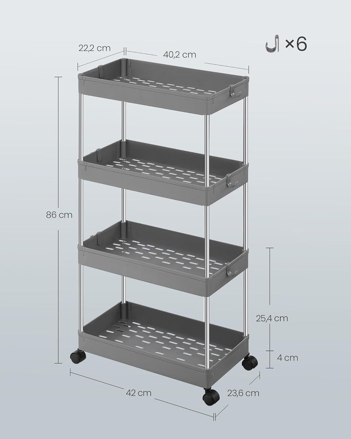 SONGMICS Rollwagen, Küchenwagen, Küchenregal, Nischenregal, mit 6 Haken, 360° drehbare Räder, Stahlg