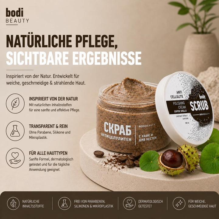 Anti-Cellulite Kaffee-Peeling &amp; Body Scrub 330 ml – Koffein, Kaffeepartikel, Shea &amp; Traubenkernöl, V