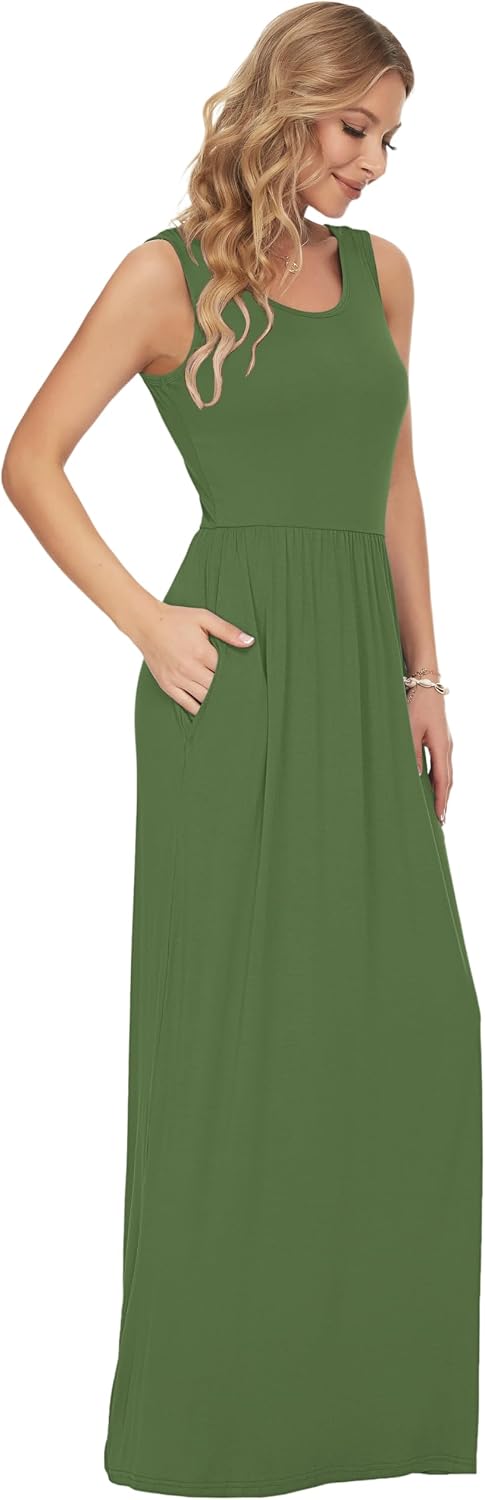 AUSELILY Damen Sommer Ärmelloses, lockeres Maxikleid Lässiges, langes Kleid mit Taschen Armee Grün M