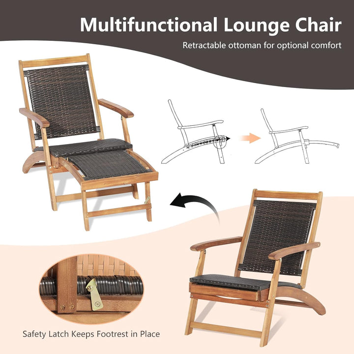 GIANTEX 2 in 1 Sonnenliege Rattan, Holz Liegestuhl Klappbar, Holzliegen Outdoor mit Beistelltisch, A