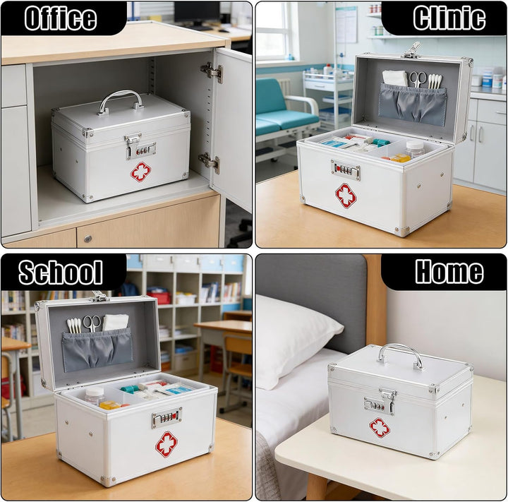 Abschliessbare Medikamentenbox, Portable Erste-Hilfe Koffer, 24.5 x 14 x 16cm, Aufbewahrungsbox, Alu