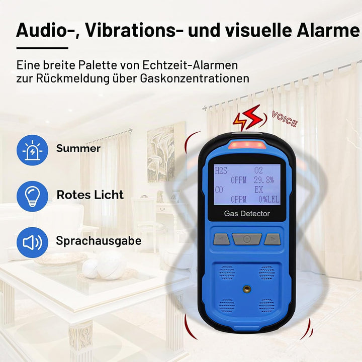 Gaslecksuchgerät für H2S CO O2 und LEL, tragbarer Multi-Gasmelder Gasdetektor mit akustischen, visue