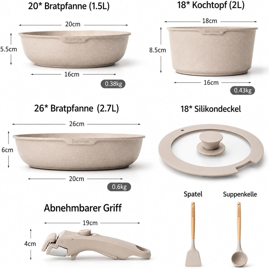 BOREINE Topfset Pfannenset 7-Teilig, Pfannen mit Abnehmbaren Griff, Granit Antihaft PFOA-freie Kochg
