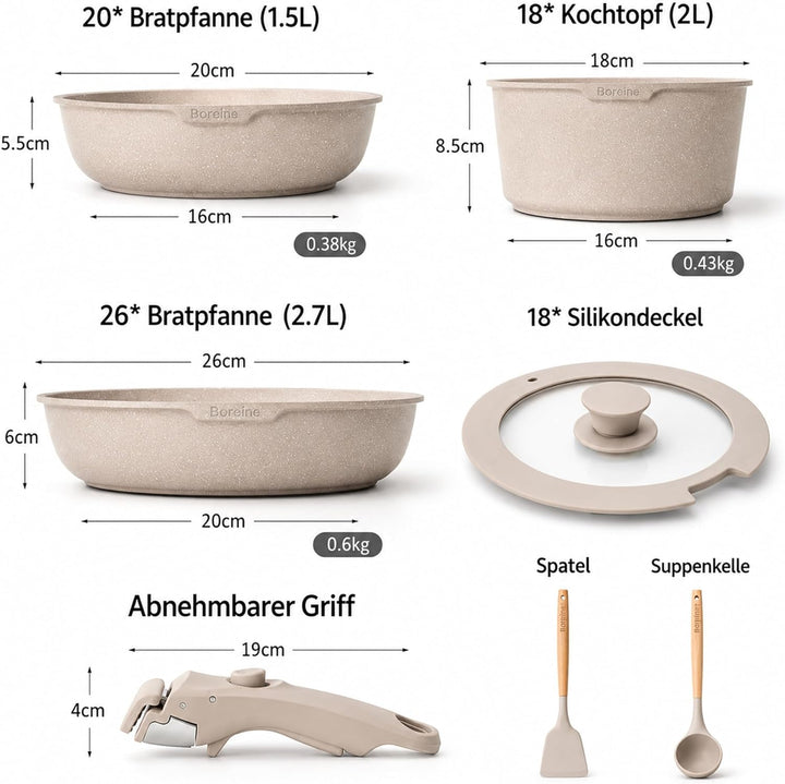 BOREINE Topfset Pfannenset 7-Teilig, Pfannen mit Abnehmbaren Griff, Granit Antihaft PFOA-freie Kochg
