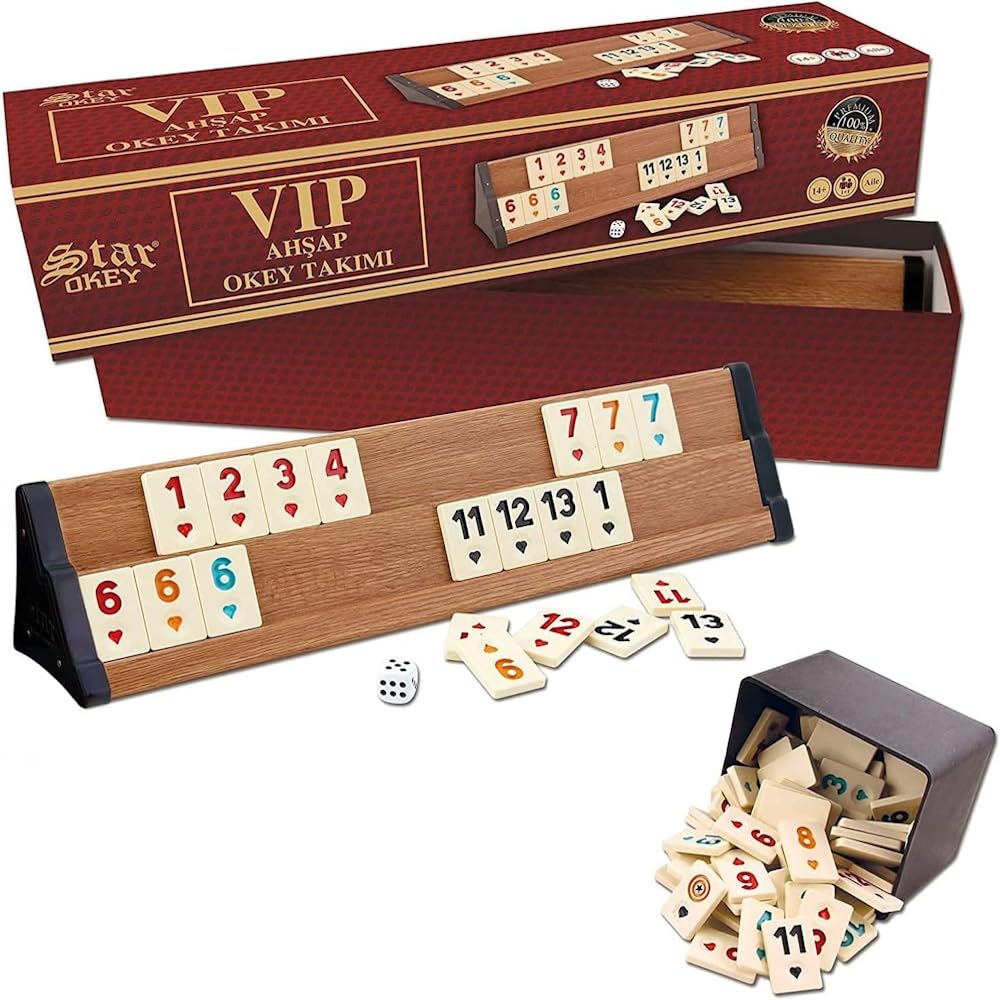 Star Premium VIP Okey Holz Wooden Rummy Set mit Melamin Steine AHSAP Okey