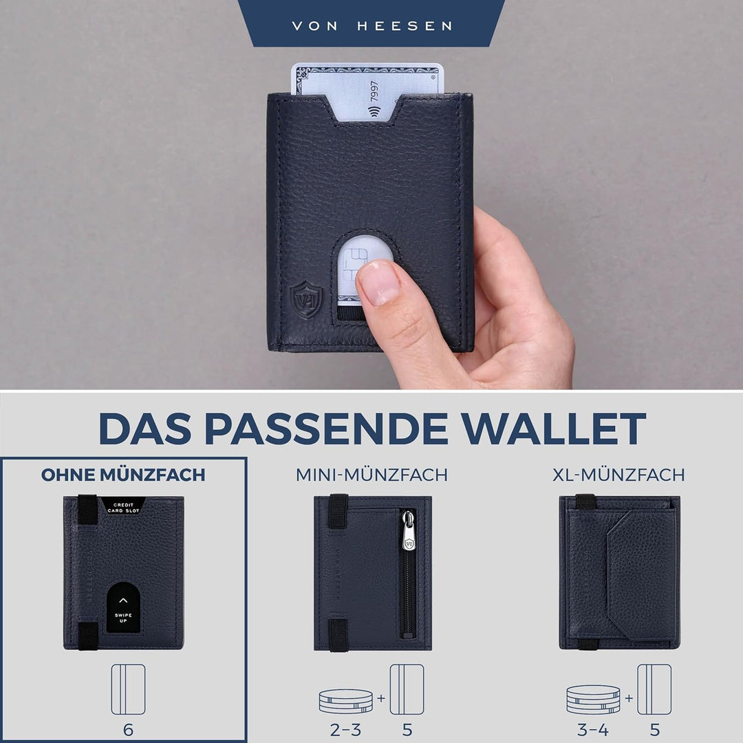 VON HEESEN Leder Slim Wallet - Geldbeutel mit RFID Schutz - Mini Geldbörse für Herren und Damen - Ka