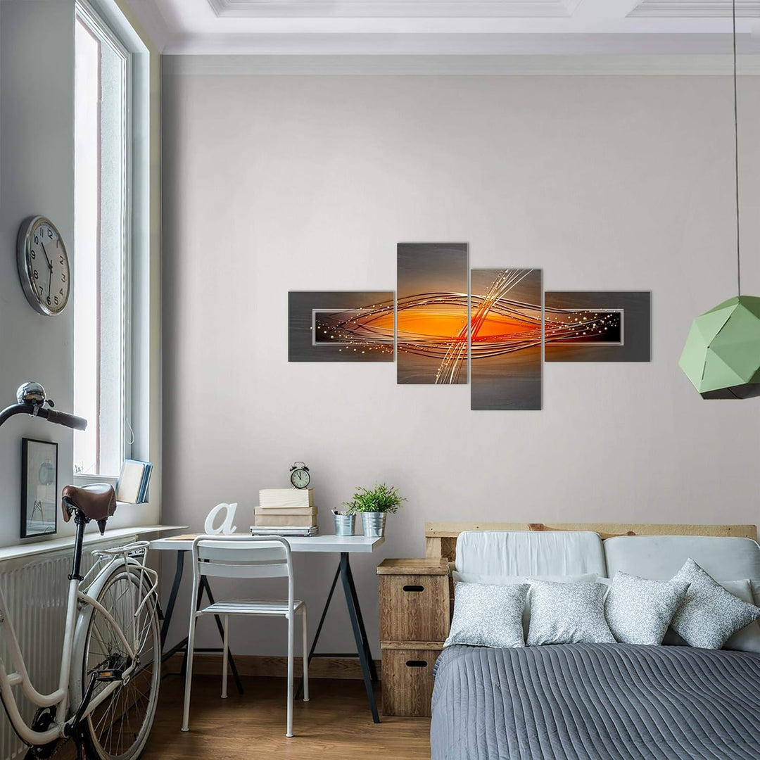 Runa Art Wandbilder Set XXL Abstrakt Wohnzimmer Schlafzimmer Grau Orange Schwarz 4 Teilig - Made in