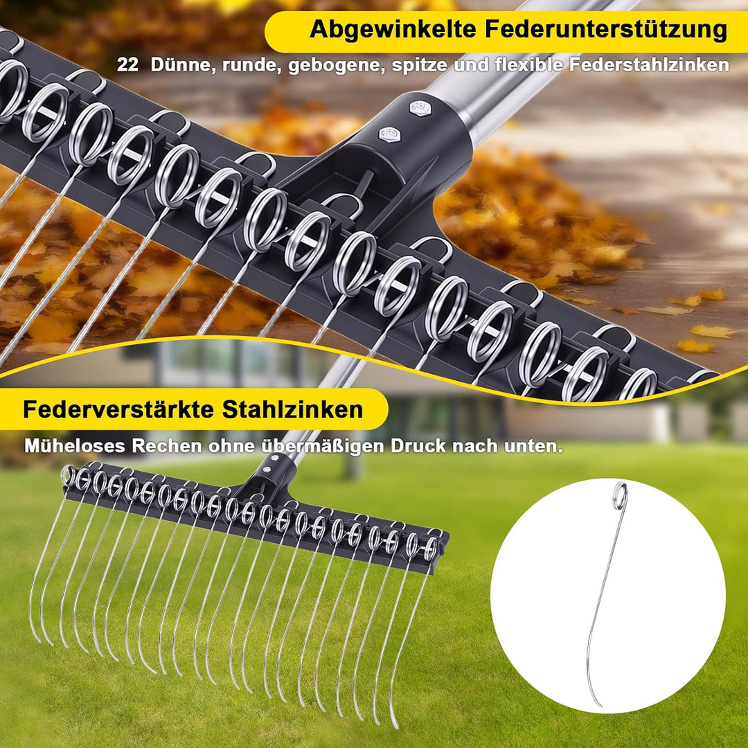 Rechen Garten mit Verstellbarem Stiel Breiter Gartenrechen mit 22 Federstahlzinken für Rasen, Laub &amp;