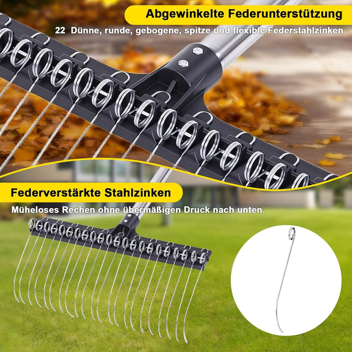 Rechen Garten mit Verstellbarem Stiel Breiter Gartenrechen mit 22 Federstahlzinken für Rasen, Laub &amp;