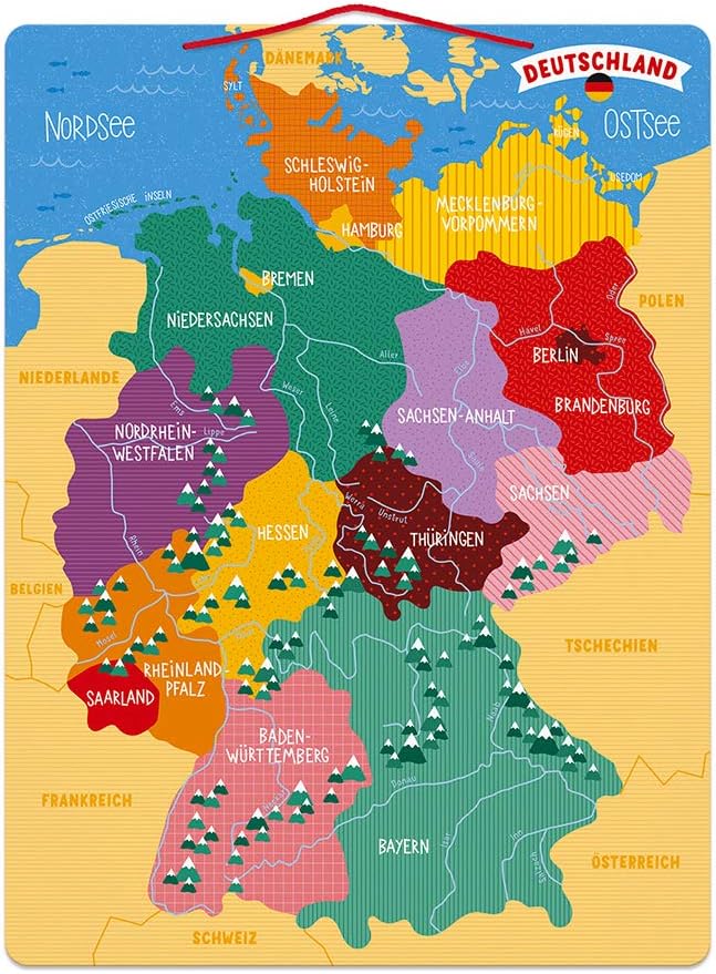 Janod Deutschlandkarte, magnetisch, Puzzle für Kinder aus Holz, 79 magnetische Teile, Entdecken und